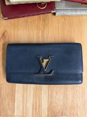 Authentic Louis Vuitton Blue Leather Wallet with Gold LV Logo